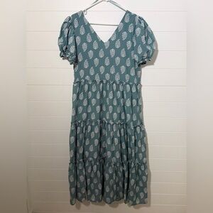 Lucky Brand Teal Leaf Print Midi Dress